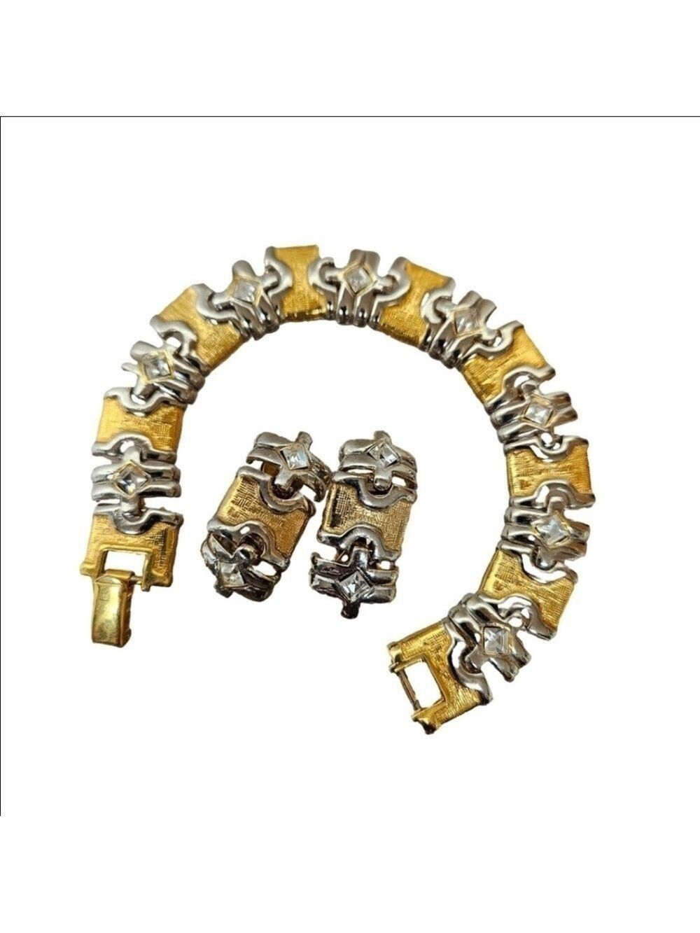 2-Tone Gold & Silver with Crystal Embellished Bracelet and Clip-on Earrings Set
